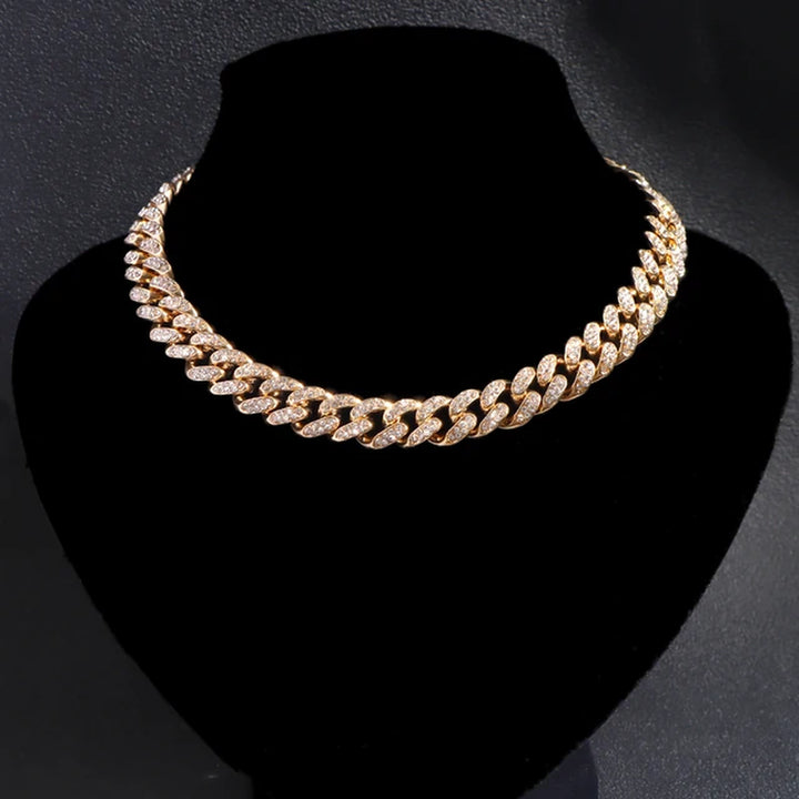 Iced Out Miami Curb Cuban Chain Necklace Fom Women Gold Color Bling Paved Rhinestones Cuban Link Choker Necklace Punk Jewelry